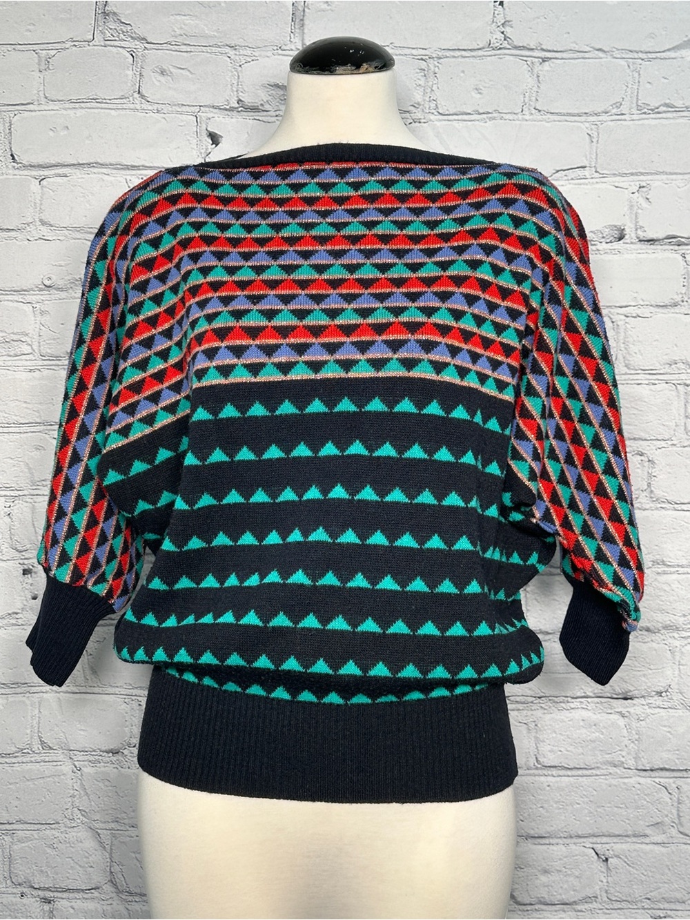 Vintage 80s Geometric Batwing Sweater Navy Red Green Metallic Wool Blend S/M